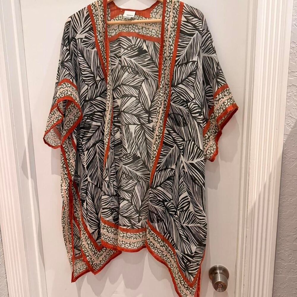 Sonoma Women's Leaf Print Kimono Jacket Viscose Contrast Trim One Size